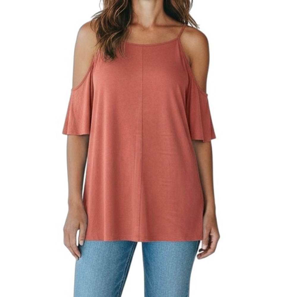 Zara Cupro Cold Shoulder Top Burnt Orange Minimalist Raw Hem Tee Size Medium